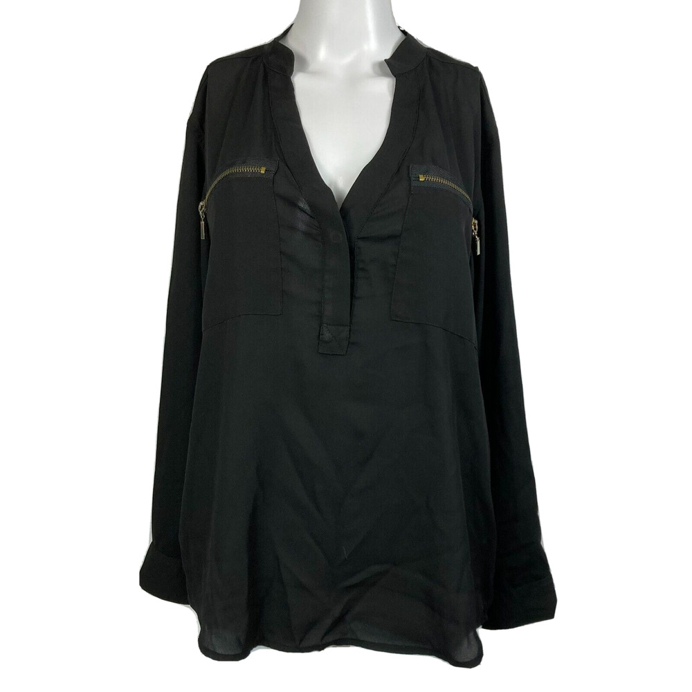 Uniq Shirt Womens Sz‎ M Black Chiffon Pullover Blouse V Neck Zipper Lightweight